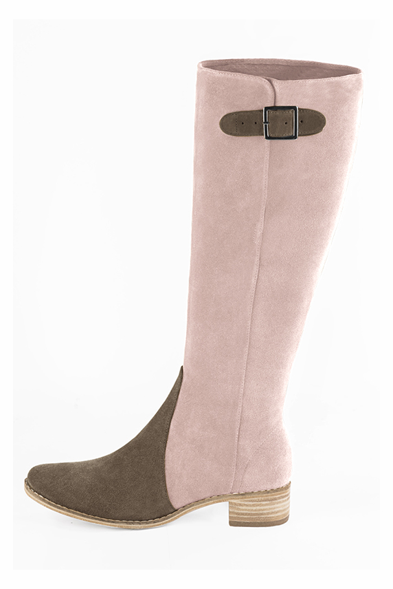 Taupe brown and powder pink women's knee-high boots with buckles. Round toe. Low leather soles. Made to measure. Profile view - Florence KOOIJMAN